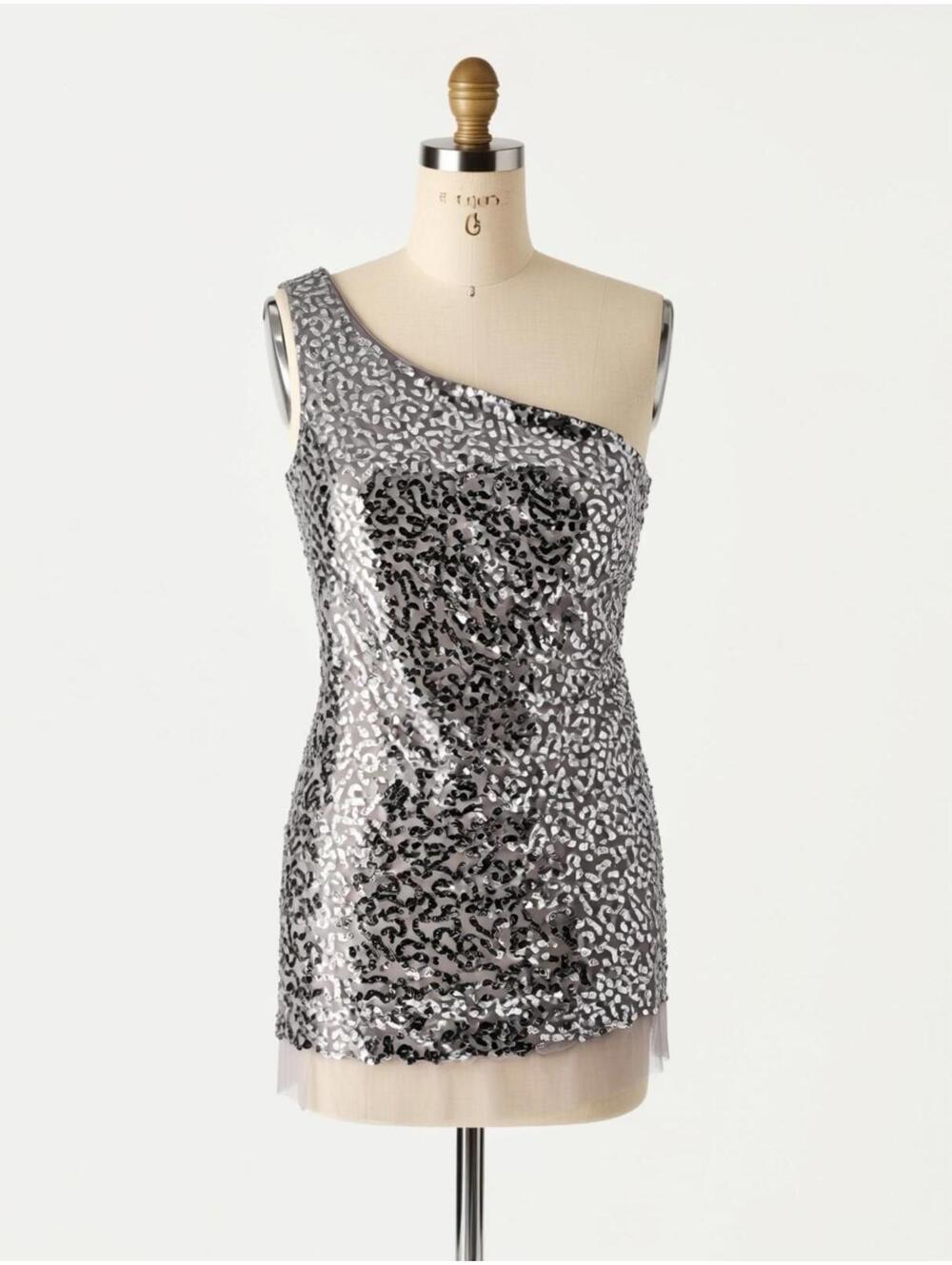 Wildcat One-Shoulder Silver Sequin Shirt Size L